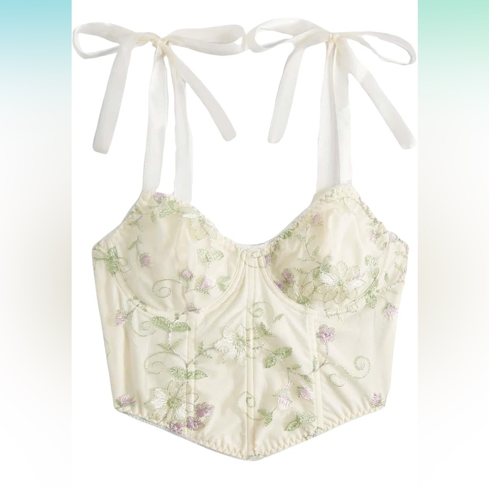 Corset Crop Top Floral Ribbon Strap